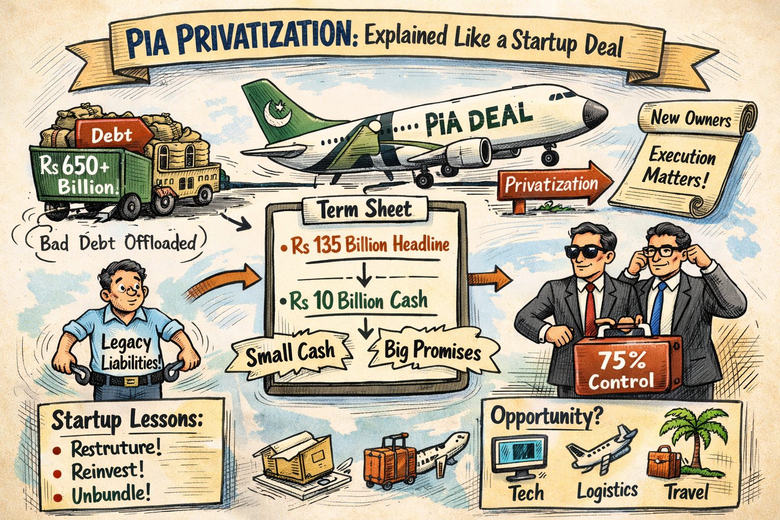 Breakdown of PIA Rs135 billion privatization deal cash vs capital commitment
